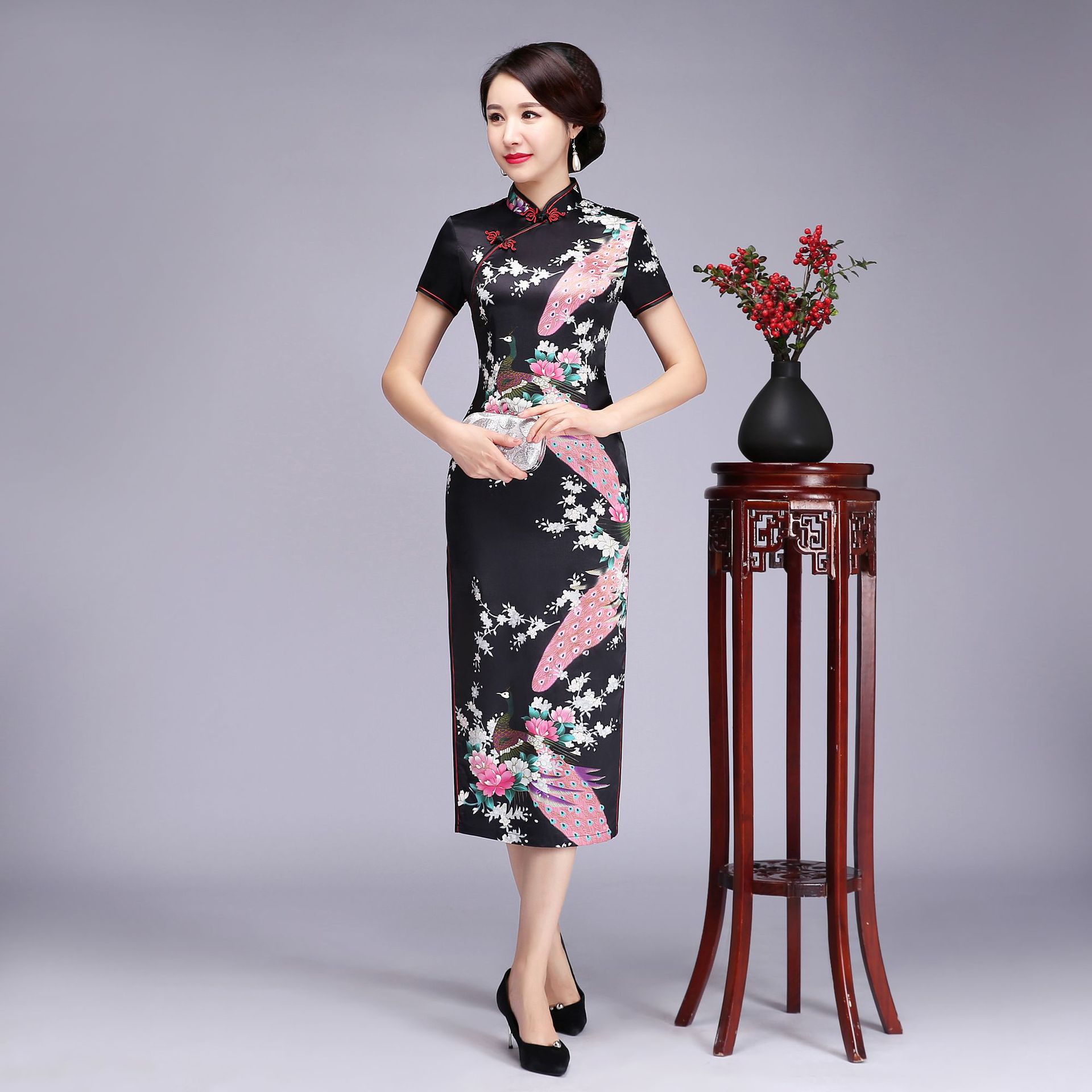 Čínské šaty cheongsam（Páv---černý）