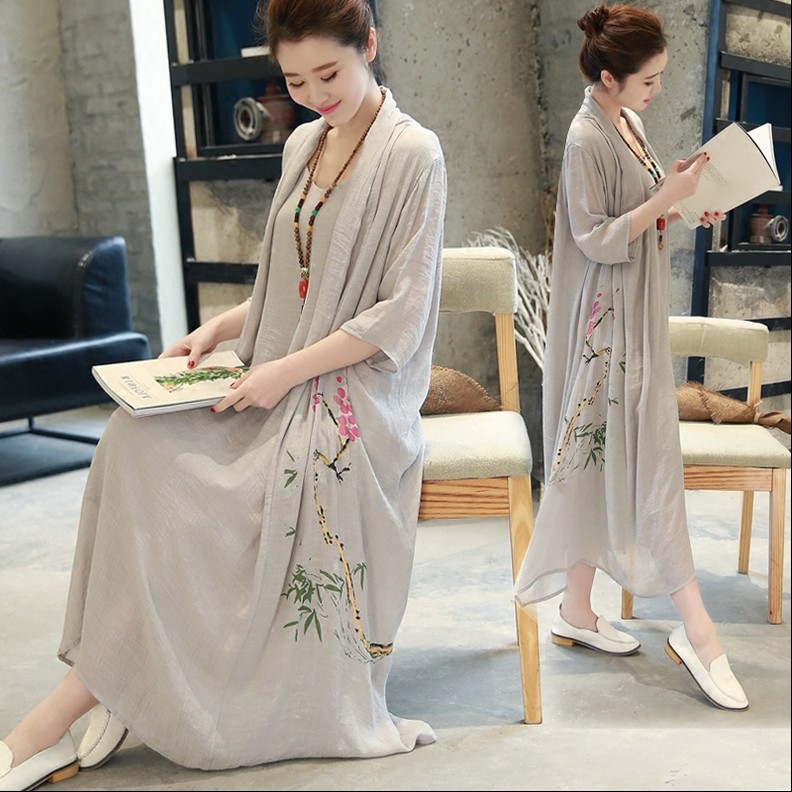 Čínské šaty cheongsam（švestkové květy a bambusy）- šedý