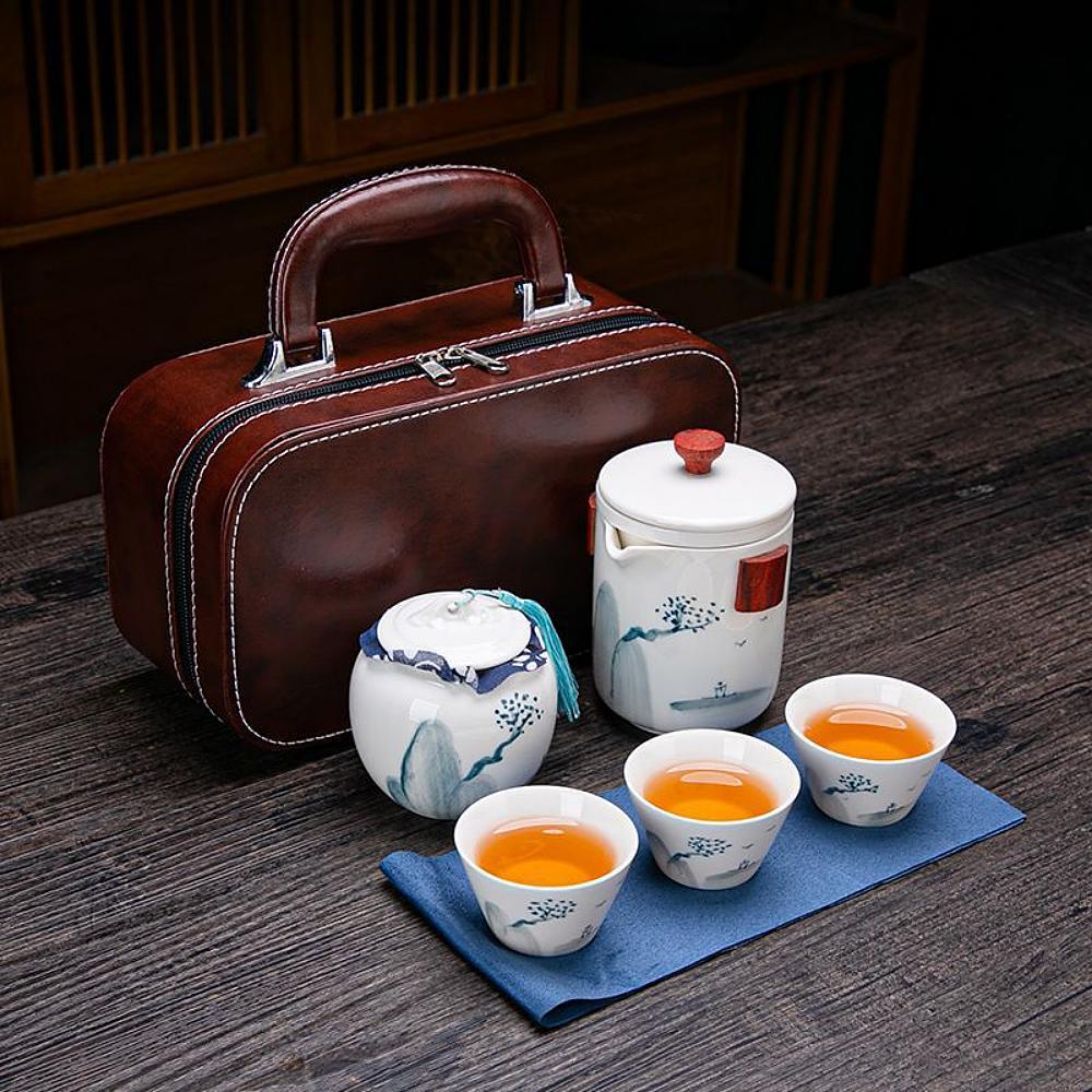 Ručně malovaný Kung Fu cestovní čajový set - Rybářská loď (Jade Porcelain) 1+3+1