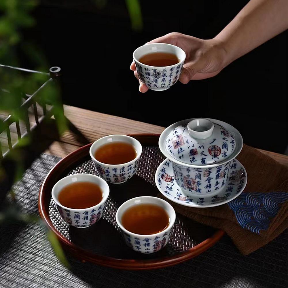 Modrobílý porcelánový čajový set Kung-fu - Lantingova Předmluva 1+4