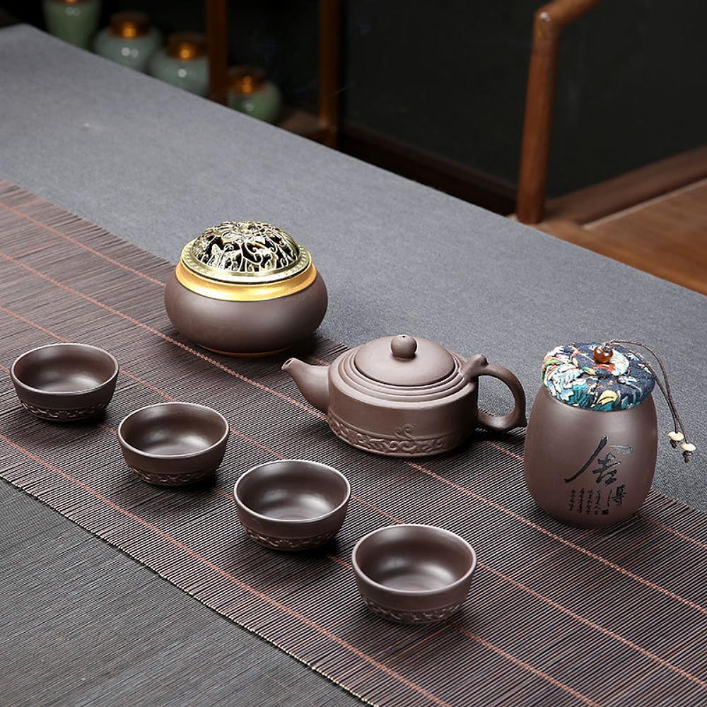 Čajová souprava z fialové hlíny a kadidelnice 1+4+1+1