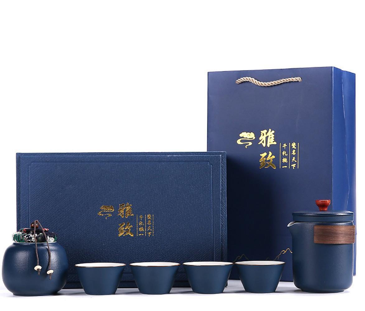 Přenosná porcelánová cestovní čajová souprava – modrá 1+4+1
