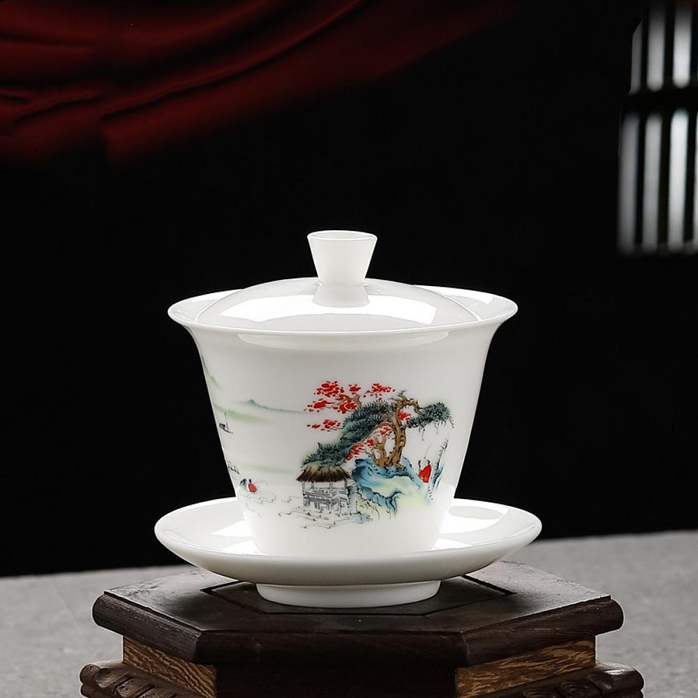 Čínský nefritový bílý porcelán Kung Fu  Čajová miska Zhong (gaiwan) - Hora, řeka a rodina