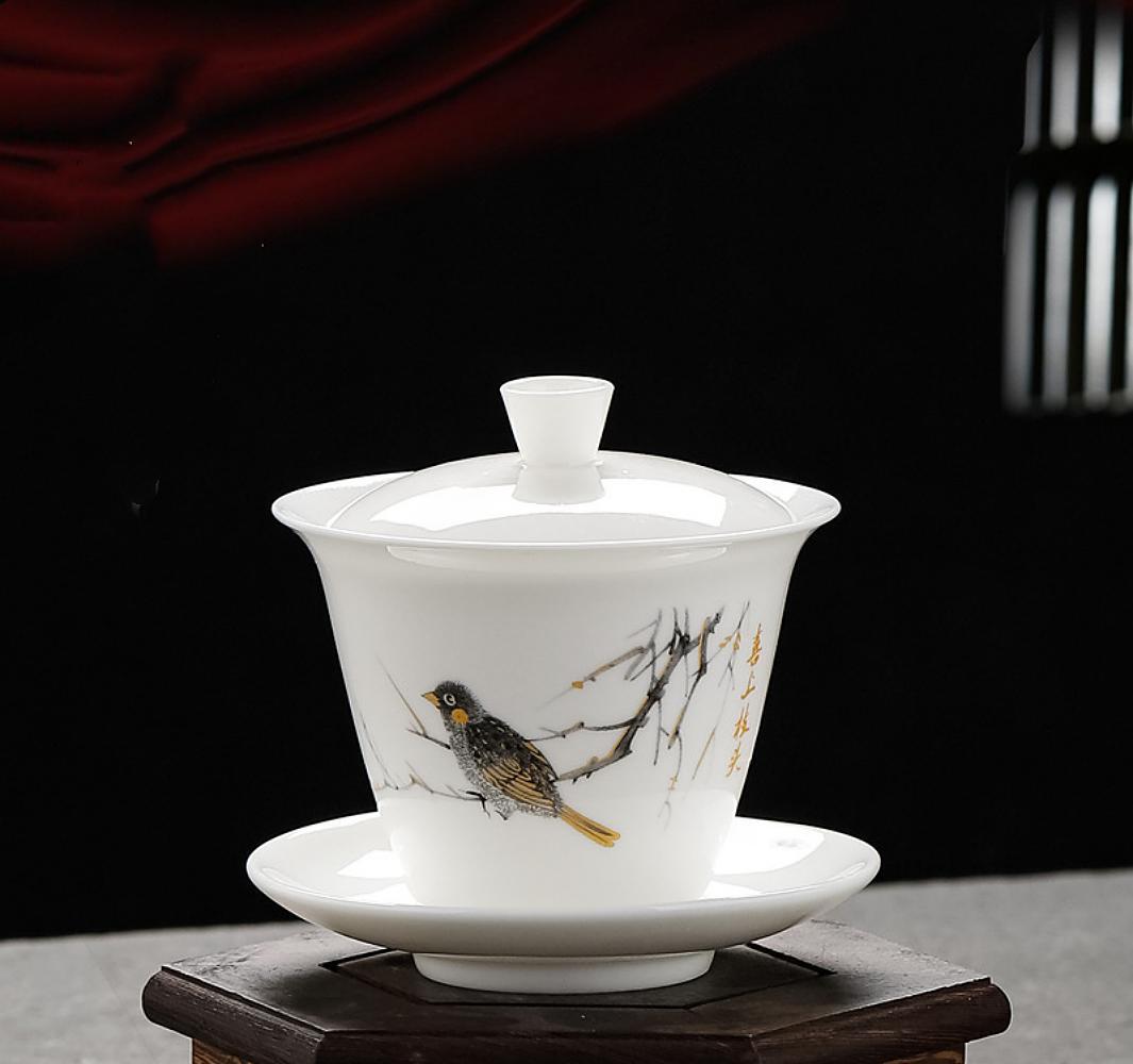 Čínský nefritový bílý porcelán Kung Fu  Čajová miska Zhong (gaiwan) - Straka na větvi